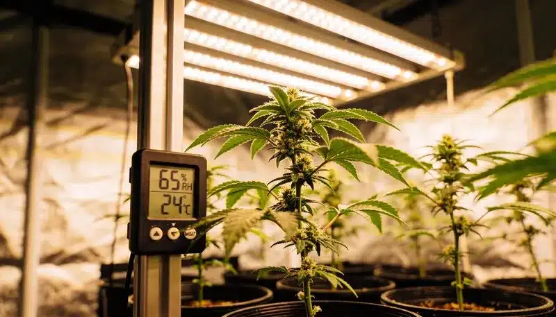 Planta de cannabis Candyland CBD cultivada en interior bajo iluminación artificial, con control de temperatura y humedad para optimizar su desarrollo y estabilidad del CBD.