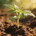 Plántula de cannabis Candyland CBD creciendo en sustrato al aire libre.
