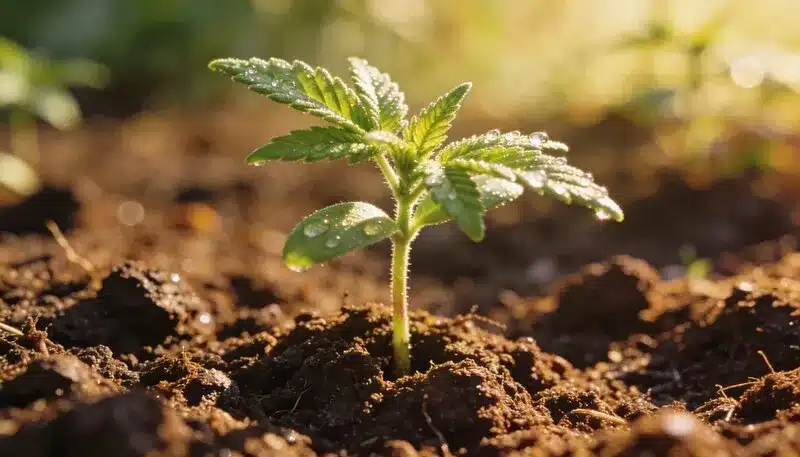 Plántula de cannabis Candyland CBD creciendo en sustrato al aire libre.