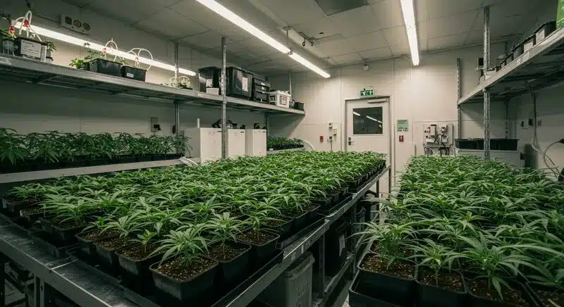 Sistema radicular de una planta de cannabis desarrollándose en medio líquido estéril: micropropagación del cannabis como técnica avanzada para obtener clones sanos y libres de patógenos.