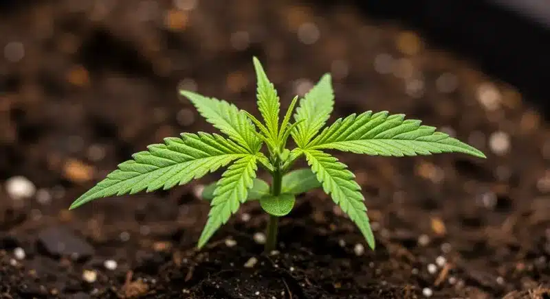 Plántula de cannabis Cheese Cookies en etapa temprana de crecimiento.