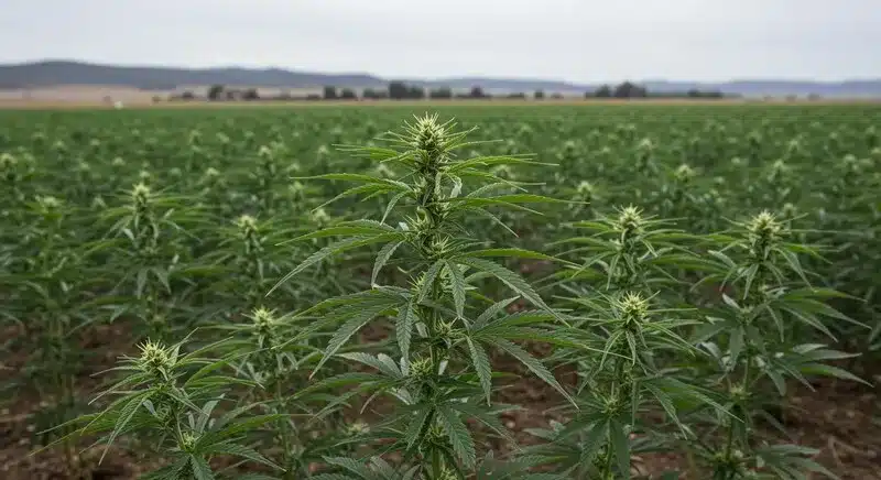 Plantas de cannabis Cheese Lemon Regular creciendo en cultivo exterior a gran escala, con estructura y desarrollo uniforme durante la fase de floración.