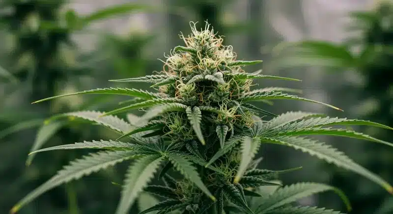 Flor principal de cannabis Cheese Lemon Regular en plena floración.