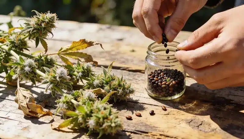 Proceso de selección y recolección de semillas de cannabis Chemdog Auto a partir de flores maduras, semillas viables listas para su conservación.
