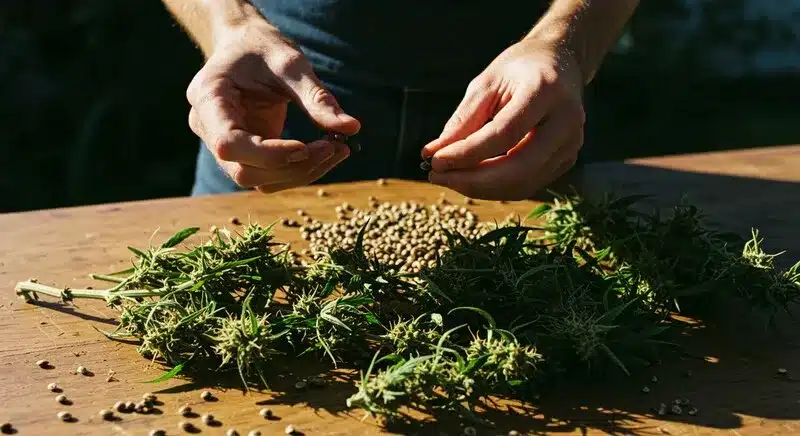 Proceso de extracción y selección de semillas de cannabis Chemdog Regular a partir de plantas maduras, semillas viables listas para su conservación.