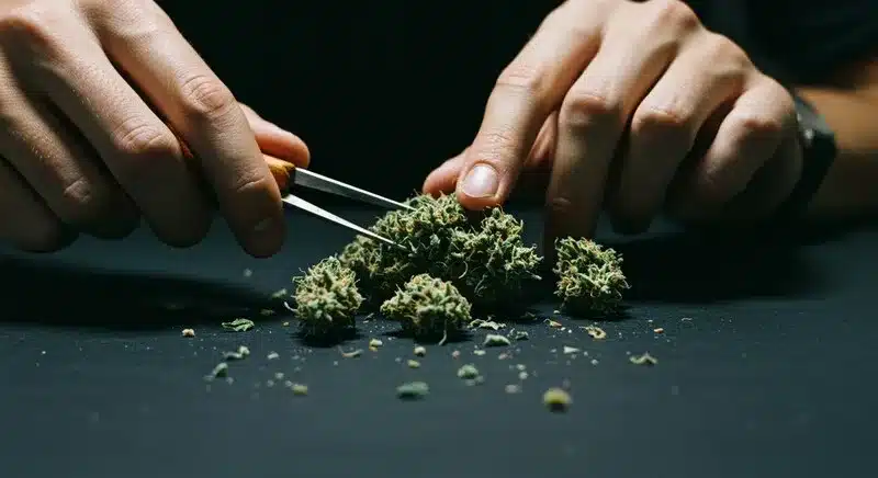 Proceso de manicurado manual de cogollos de cannabis Blue Headband Auto, donde se aprecia la densidad de las flores y la correcta limpieza tras la cosecha para mejorar calidad y conservación.