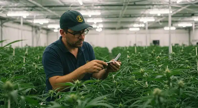 Cultivador inspeccionando plantas de marihuana en un cultivo interior profesional, cómo cultivar marihuana para evitar pesticidas garantiza un control directo del proceso y un producto más natural y seguro.