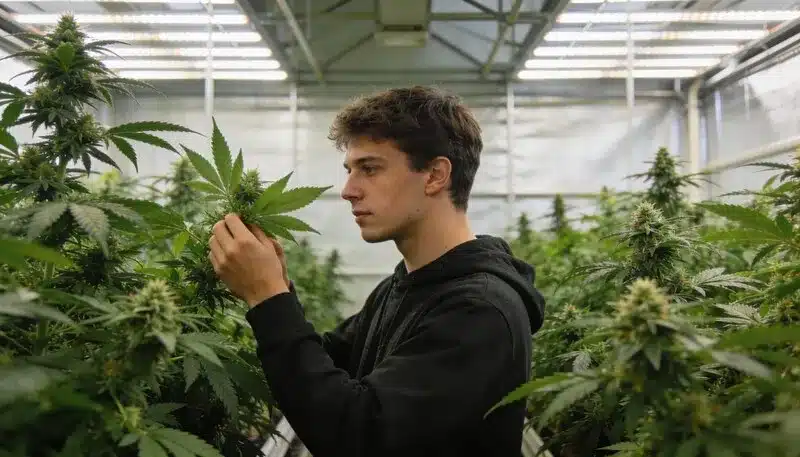 Persona cuidando plantas de cannabis en un entorno controlado, reflejando cómo cultivar cannabis ayuda a la salud mental a través de rutinas, concentración, contacto con la naturaleza y reducción del estrés diario.