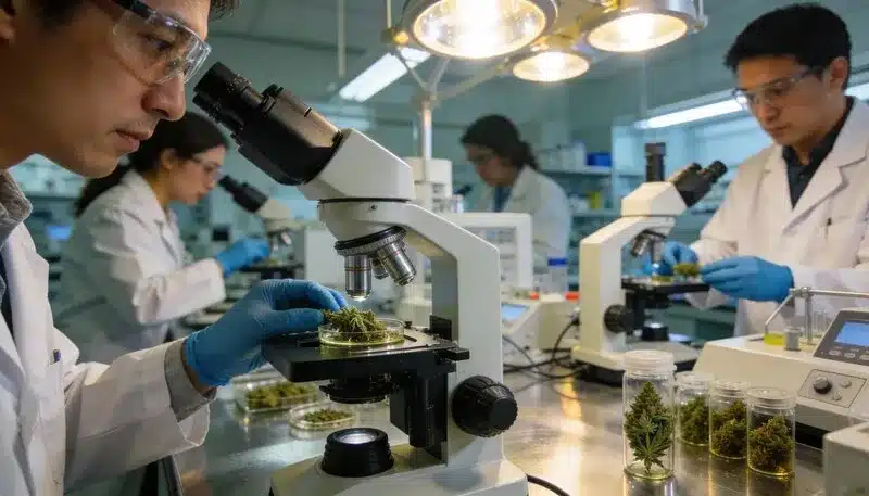 Equipo de laboratorio analizando cannabis, reflejando los beneficios medioambientales de cultivar cannabis mediante prácticas controladas, trazables y orientadas a minimizar el impacto ambiental.