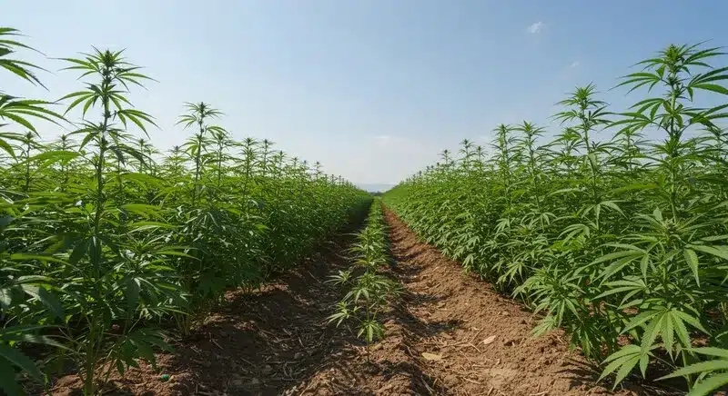 Plantas de cannabis Cheesecake Auto cultivadas en exterior en hileras, crecimiento uniforme y una estructura vigorosa durante la fase de desarrollo.