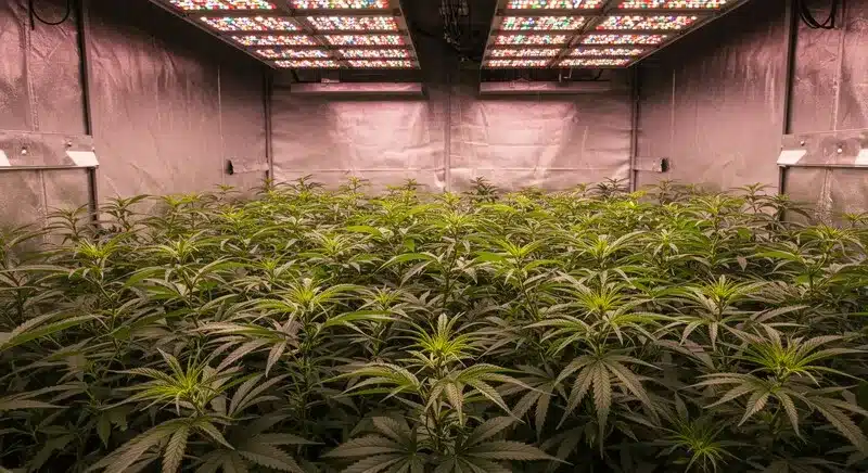 Cultivo interior de cannabis Cheese Cookies bajo paneles LED, con plantas bien distribuidas y crecimiento uniforme en un entorno controlado durante la fase vegetativa.