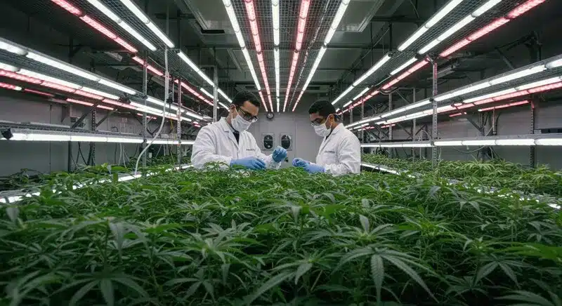 Técnicos trabajando en un cultivo profesional de cannabis, clonaje por cultivo in vitro para cultivadores de cannabis por su uniformidad, control del proceso y escalabilidad.