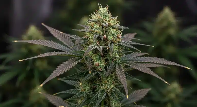 Flor de cannabis Chemdog Auto con semillas en fase de maduración.