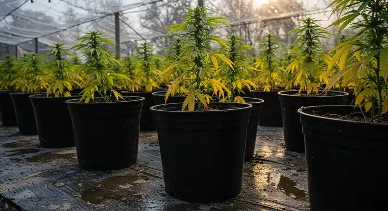 Plantas de cannabis cultivadas en macetas bajo condiciones controladas: cultivo in vitro y la estabilidad genética en plantas de cannabis, destacando la uniformidad y el control del desarrollo vegetal.