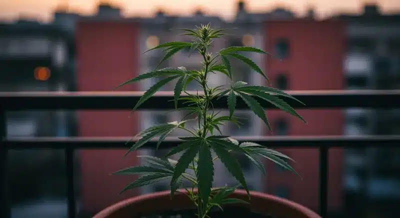 Planta de marihuana cultivada en maceta en un balcón, reflejando los beneficios de cultivar marihuana en casa, como el autoconsumo responsable, el ahorro económico y el aprovechamiento de espacios reducidos.