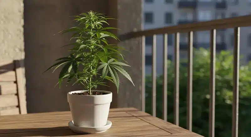 Planta de cannabis cultivada en maceta en un balcón luminoso, variedades de cannabis mentolado para interior por su tamaño controlado y fácil manejo.