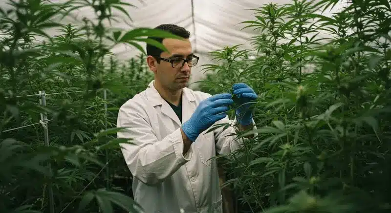 Profesional revisando plantas de marihuana en un entorno de cultivo controlado, una de las principales razones medicinales para cultivar marihuana: garantizar calidad, trazabilidad y control de cannabinoides.
