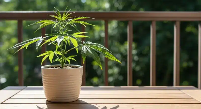 Planta de cannabis cultivada en maceta en exterior con floración rápida por su tamaño compacto y ciclo corto.
