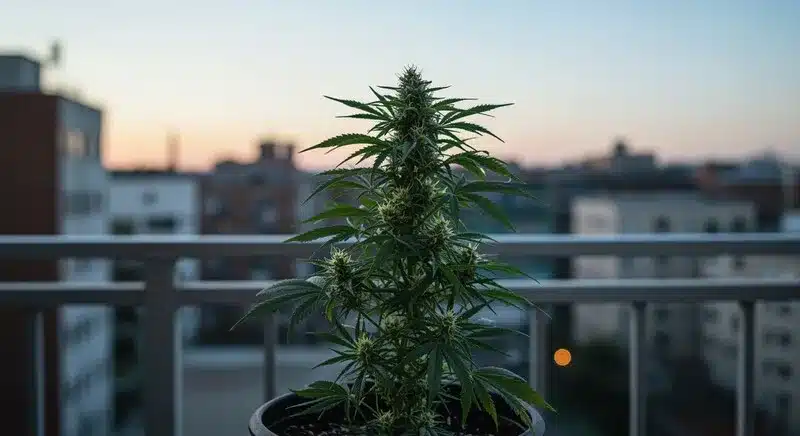 Planta de marihuana creciendo en maceta en un balcón urbano, representando las mejores variedades de marihuana para cultivar en casa gracias a su adaptación a espacios pequeños y cultivo doméstico.