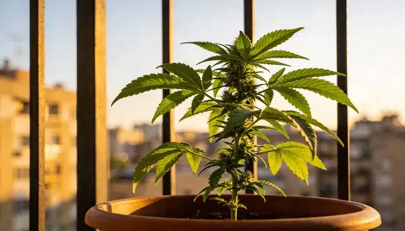 Planta de marihuana cultivada en maceta en un balcón urbano, un ejemplo claro de las razones para cultivar tu propia marihuana: control del proceso, ahorro económico y autosuficiencia en espacios reducidos.