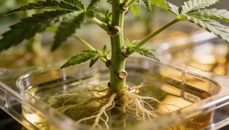 Sistema radicular de una planta de cannabis desarrollándose en medio estéril: cultivo de tejidos de plantas de cannabis como método avanzado para obtener plantas sanas y libres de patógenos.