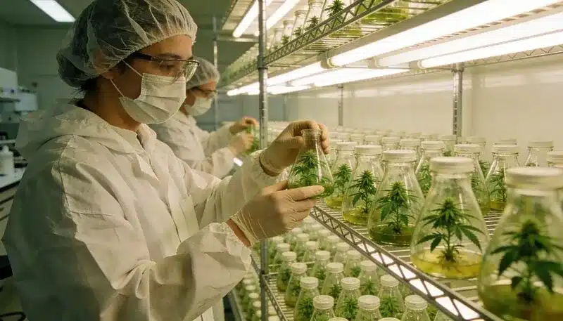 Técnicos trabajando con plantas de cannabis en recipientes estériles, cultivo in vitro en plantas de marihuana para lograr propagación controlada, sanidad vegetal y uniformidad genética.