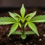 Plántula de cannabis Candyland en fase inicial de crecimiento sobre sustrato.