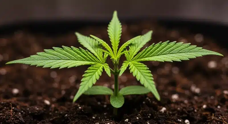 Plántula de cannabis Candyland en fase inicial de crecimiento sobre sustrato.