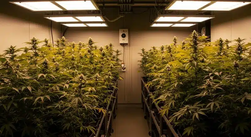Sala de cultivo interior con múltiples plantas de cannabis bajo iluminación LED, representando variedades de alto rendimiento para cultivadores caseros que buscan maximizar la cosecha en espacios domésticos controlados.
