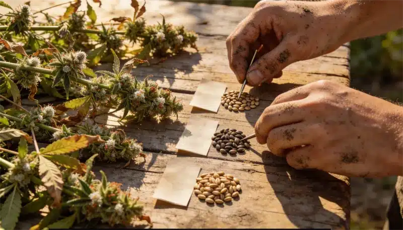 Proceso de selección manual de semillas de cannabis Cherry Alien Auto tras la cosecha, con semillas clasificadas para garantizar calidad genética y viabilidad.