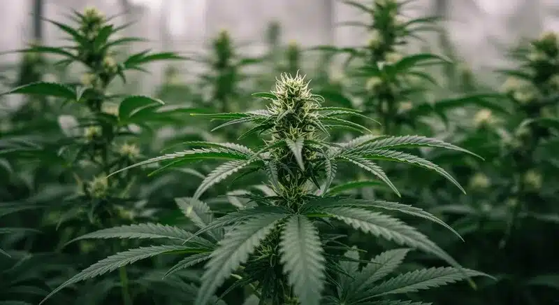 Planta de cannabis en floración cultivada en interior, ideal para comparar semillas feminizadas vs autoflorecientes para el cultivo en casa según tamaño, control del fotoperiodo y producción.