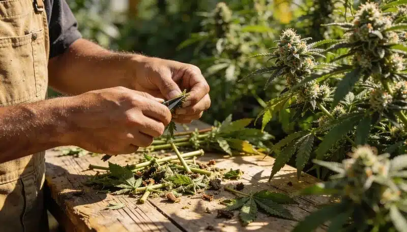 Cosecha y manicurado manual de Sexxpot Regular en cultivo exterior, destacando cogollos resinosos y un trabajo cuidadoso para preservar calidad y aroma.