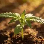 Plántula de cannabis Strawberry Cake CBD en etapa temprana de crecimiento.