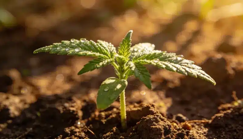 Plántula de cannabis Strawberry Cake CBD en etapa temprana de crecimiento.