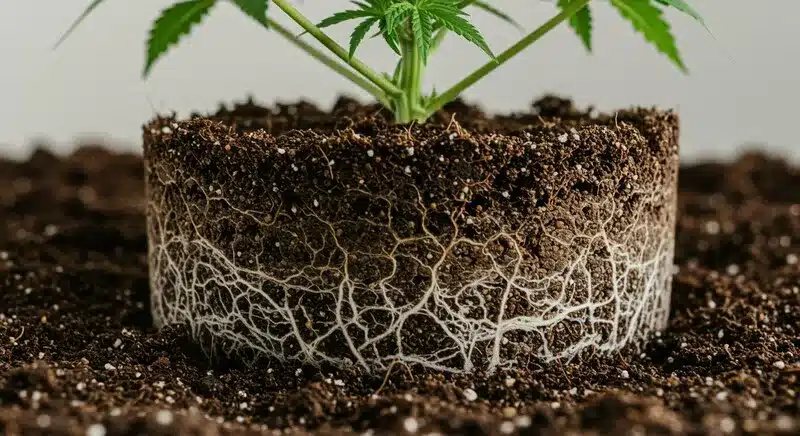 Sistema radicular de una planta de cannabis Strawberry Cake CBD: raíces blancas y densas, indicativas de un desarrollo sano y una buena oxigenación del sustrato.