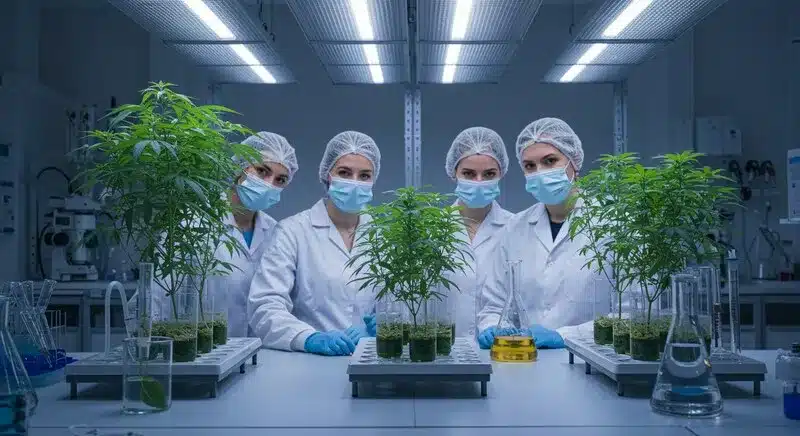 Equipo técnico trabajando con plantas de marihuana en laboratorio, técnicas de cultivo in vitro de marihuana, como problemas de esterilidad, manejo incorrecto del material vegetal o fallos en el medio de cultivo.