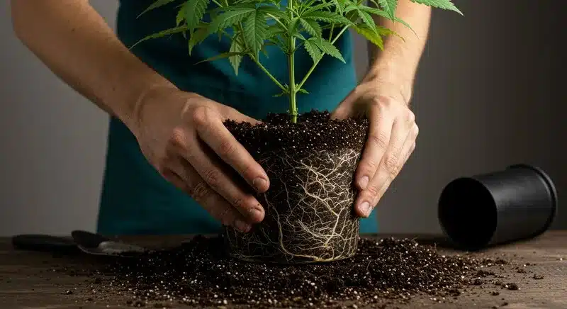 Trasplante de una planta de cannabis Cafe Racer CBD: sistema radicular denso y saludable, fundamental para un crecimiento estable y una correcta absorción de nutrientes.