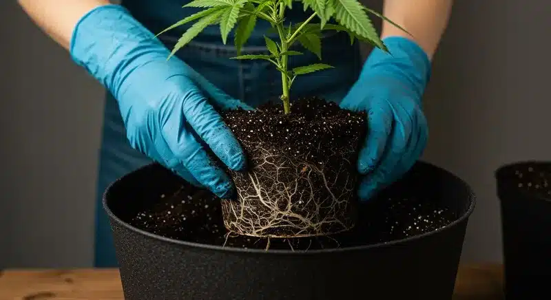 Proceso de trasplante de una planta de cannabis Candyland con raíces sanas y bien formadas, clave para un desarrollo óptimo y un crecimiento equilibrado durante la fase vegetativa.