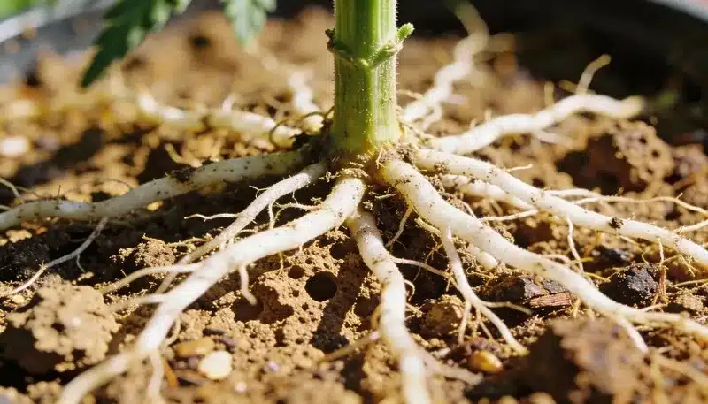 Sistema radicular de una planta de cannabis Zenergy CBD, raíces blancas y bien distribuidas, esenciales para una correcta absorción de agua y nutrientes.