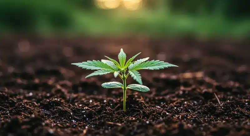 Plántula de cannabis Zenergy CBD en etapa temprana de crecimiento.