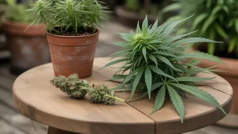 Planta de cannabis en maceta junto a un cogollo cosechado, rendimiento y equilibrio entre cultivo y producción.