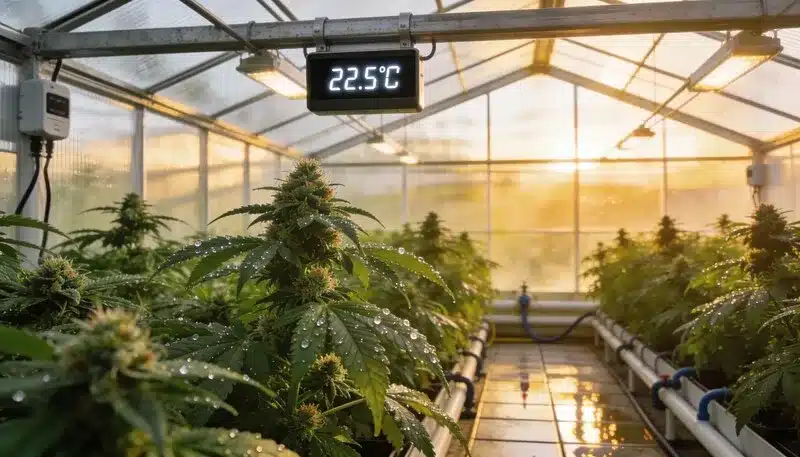Plantas de AK 59 en cultivo protegido bajo invernadero a 22,5 °C, con riego controlado y cogollos en floración. Variedad productiva, resistente y adaptada a entornos estables.