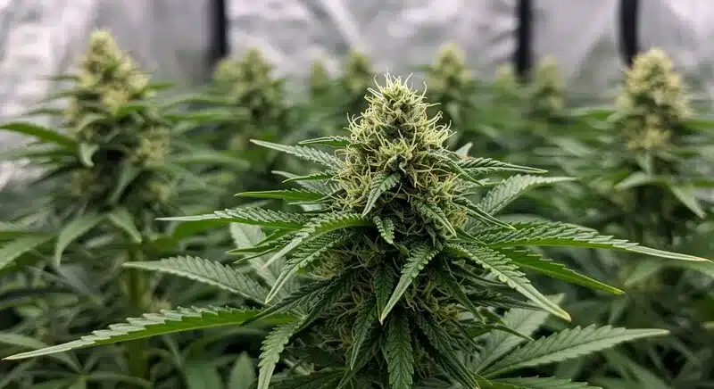Planta de Acid Diesel en fase de floración avanzada, con cogollos densos y abundante resina. Genética de perfil diésel intenso, productiva y apta para cultivo interior.