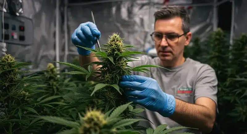 Cultivador inspeccionando cogollo de Afghan Hawaiian x Laos x Jamaican en cultivo interior. Híbrido tropical con estructura alargada, alta producción de resina y excelente estabilidad genética.