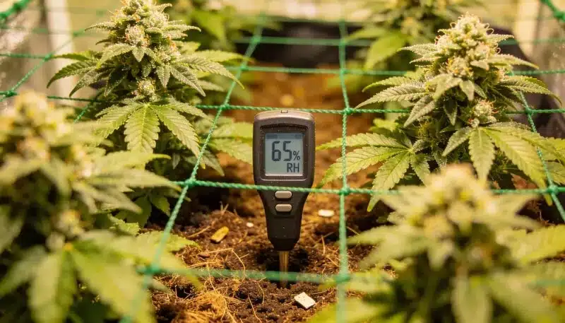 Control de humedad en cultivo de cannabis Afghan x Haze en floración.