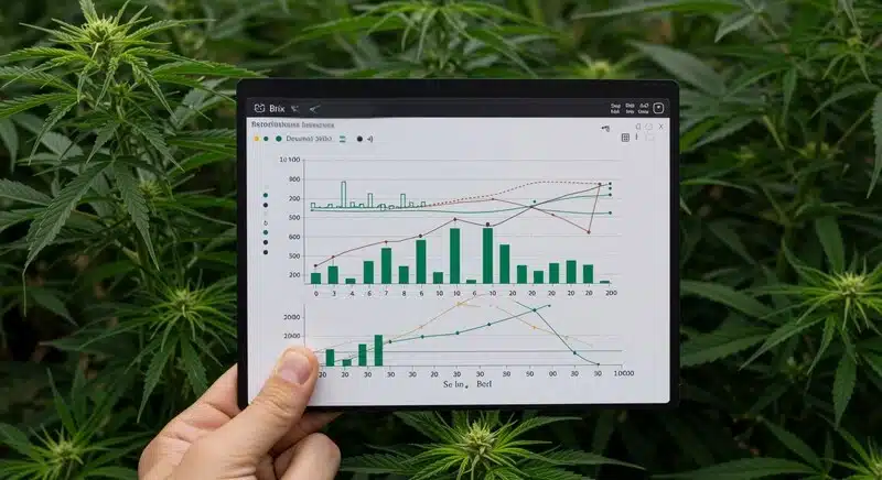 Medición de parámetros en cultivo de cannabis mediante gráficos digitales que comparan Brix y EC, ayudando a evaluar la salud de la planta, la absorción de nutrientes y el rendimiento del cultivo.