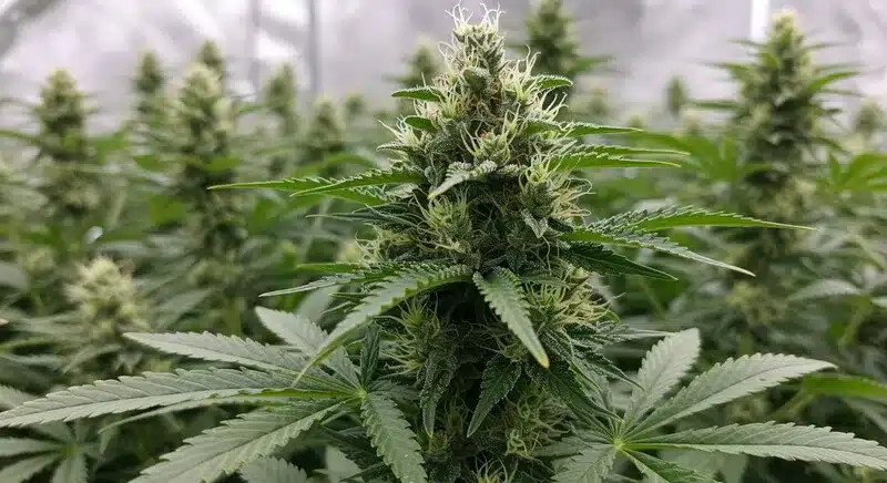 Flor densa de Blueberry CBD (1:16) cultivada en invernadero, con abundantes tricomas y estructura compacta. Variedad rica en CBD con bajo THC y suaves notas afrutadas.