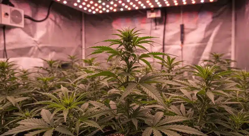 Plantas de Bruce Banner X White Russian en cultivo interior con iluminación LED. Crecimiento, estructura equilibrada y alto potencial productivo en entornos controlados.