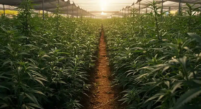 Plantación de CBD Black Domina (1:1) en invernadero, con estructura índica compacta y crecimiento homogéneo. Genética 1:1 equilibrada, ideal para producciones controladas y estables.