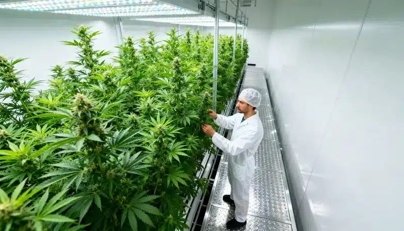 Plantación de CBD Sour Lemon (1:1) en sala de cultivo profesional, donde un técnico supervisa el crecimiento bajo iluminación artificial para asegurar calidad y equilibrio CBD/THC.